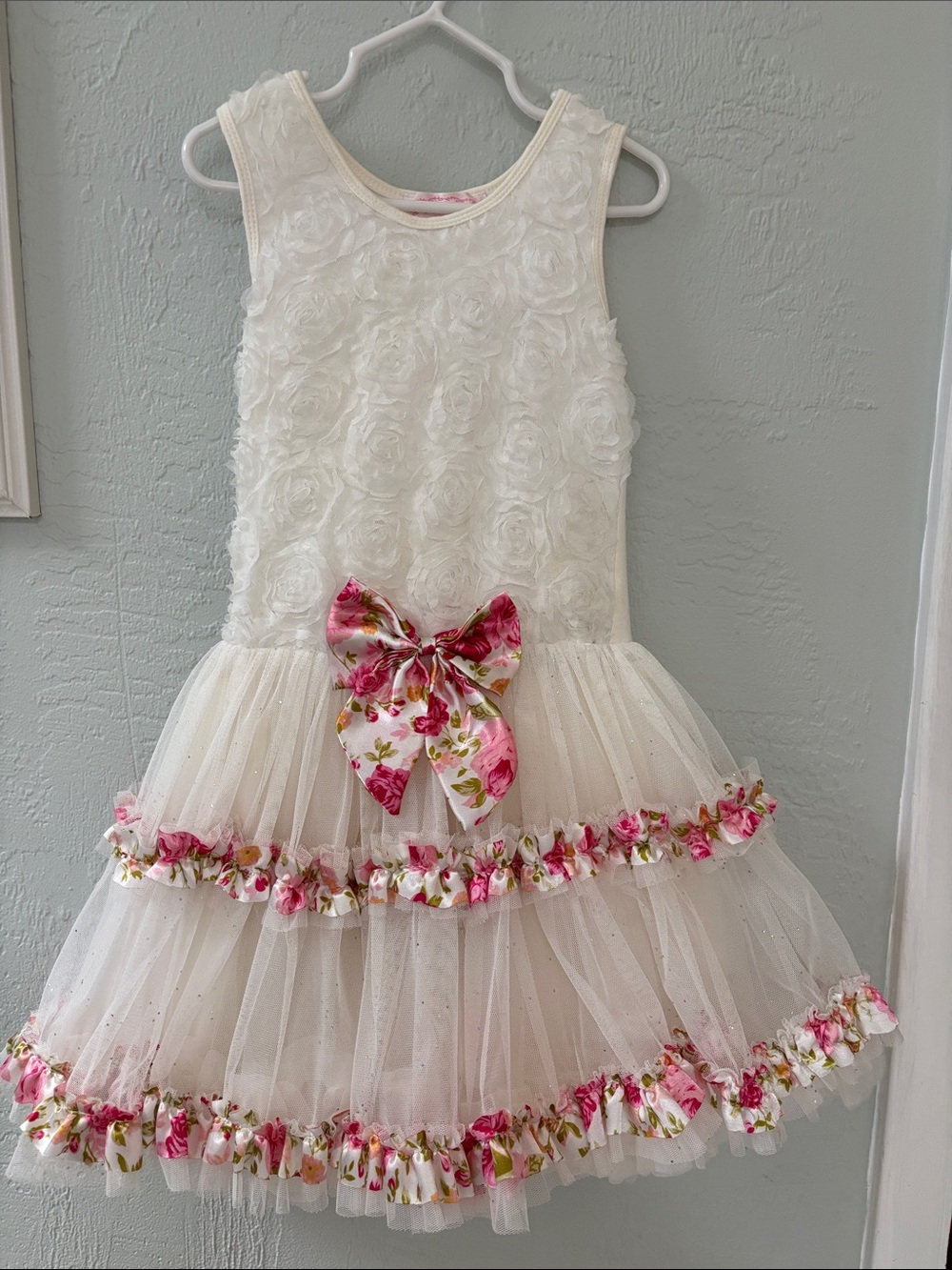 Popatu White Floral Rosette Tulle Dress with Pink Floral Bow